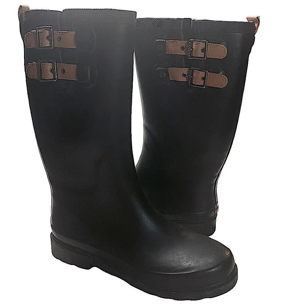 Chooka Top Solid Black Wm’s Sz 9 Double Buckle 13” Tall Slip On Rain Boots